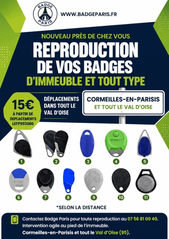 Copie de badge immeuble et double badge VIGIK pas cher à Cormeilles-en-Parisis (95240) par Badge Paris.