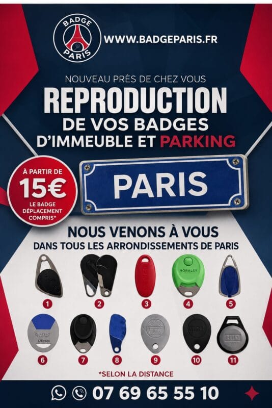 Affiche représentant une copie de badge d’immeuble à Paris 