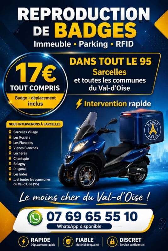Affiche reproduction de badge d’immeuble à Sarcelles, déplacement en scooter scooter au pied de l’immeuble 