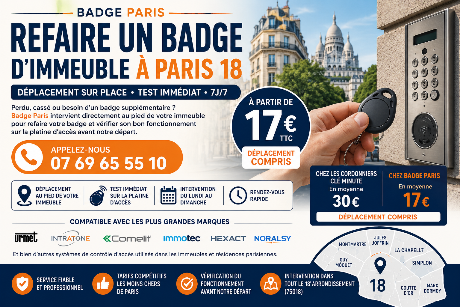 Refaire badge immeuble Paris 18 avec déplacement inclus et test sur place