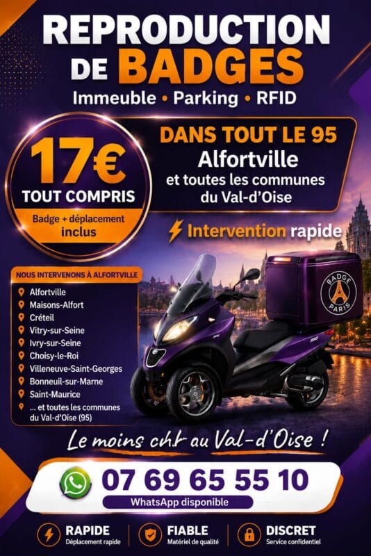 Affiche représentant une copie de badge d’immeuble Vigik à Alfortville, à partir de 15 € déplacement en scooter au pied de l’immeuble