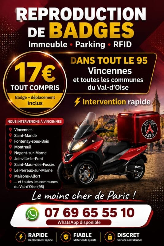 Affiche représentant une reproduction de badge d’immeuble à Vincennes et tout le 94 avec un scooter, trois roues MP3 pour le déplacement au pied de l’immeuble