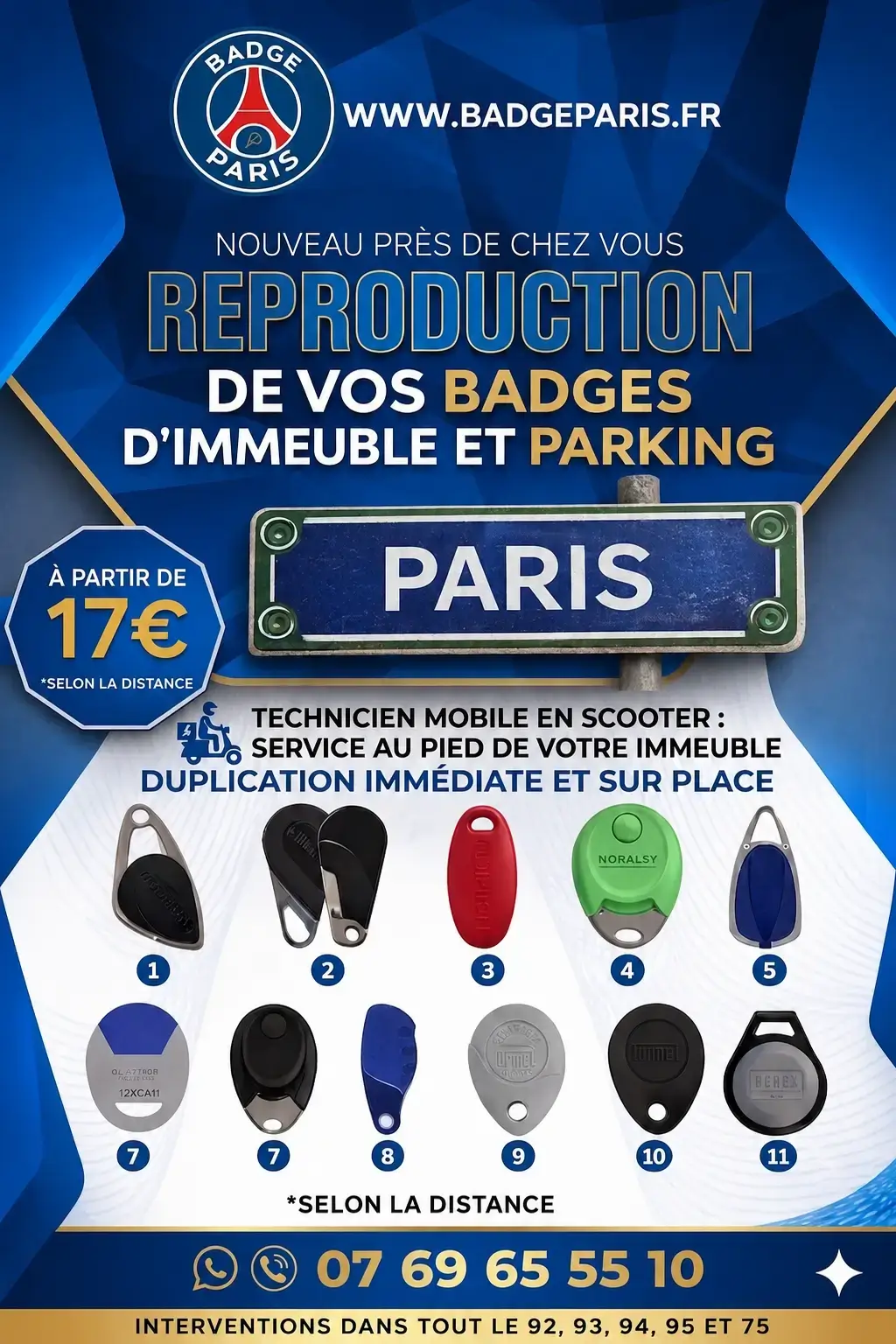 Flyer Badge Paris : reproduction de badges d'immeuble et parking en Île-de-France, déplacement rapide à partir de 15 euros.